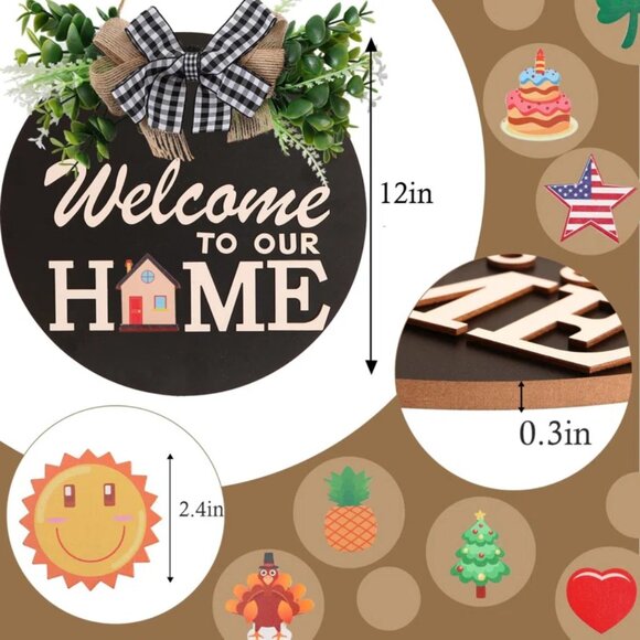Interchangeable Welcome Sign Front Door Decor | 14 Holiday Icons | Rustic Black - Picture 2 of 2